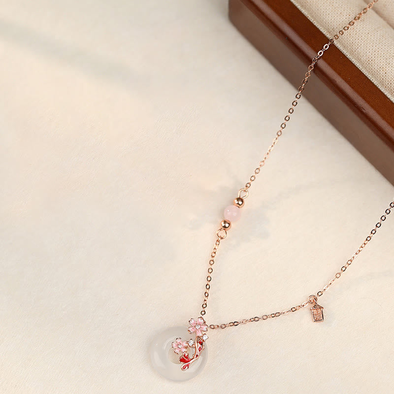 Fortune Jewel Chalcedony Pink Crystal 925 Sterling Silver Flowers Koi Fish Peace Buckle Positive Necklace Pendant