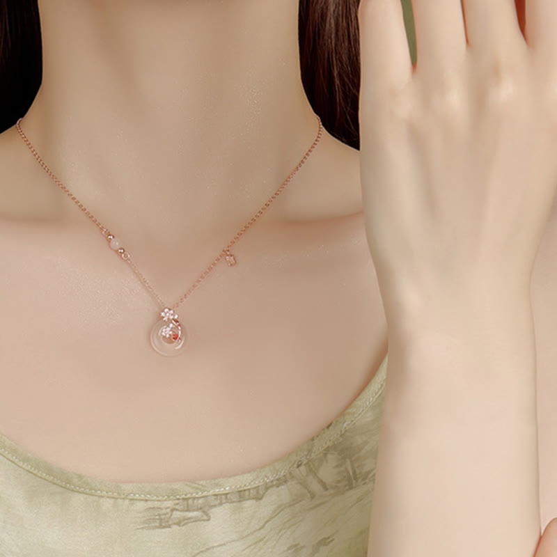 Fortune Jewel Chalcedony Pink Crystal 925 Sterling Silver Flowers Koi Fish Peace Buckle Positive Necklace Pendant