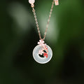 Fortune Jewel Chalcedony Pink Crystal 925 Sterling Silver Flowers Koi Fish Peace Buckle Positive Necklace Pendant