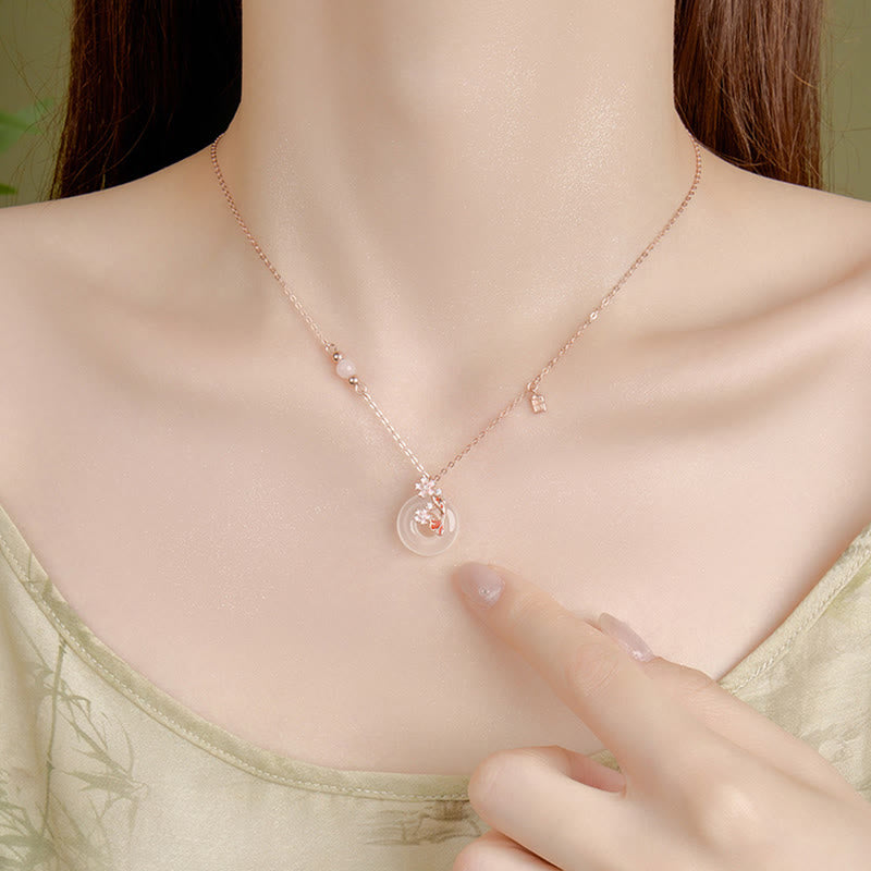 Fortune Jewel Chalcedony Pink Crystal 925 Sterling Silver Flowers Koi Fish Peace Buckle Positive Necklace Pendant