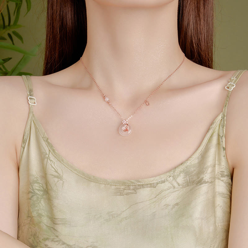 Fortune Jewel Chalcedony Pink Crystal 925 Sterling Silver Flowers Koi Fish Peace Buckle Positive Necklace Pendant