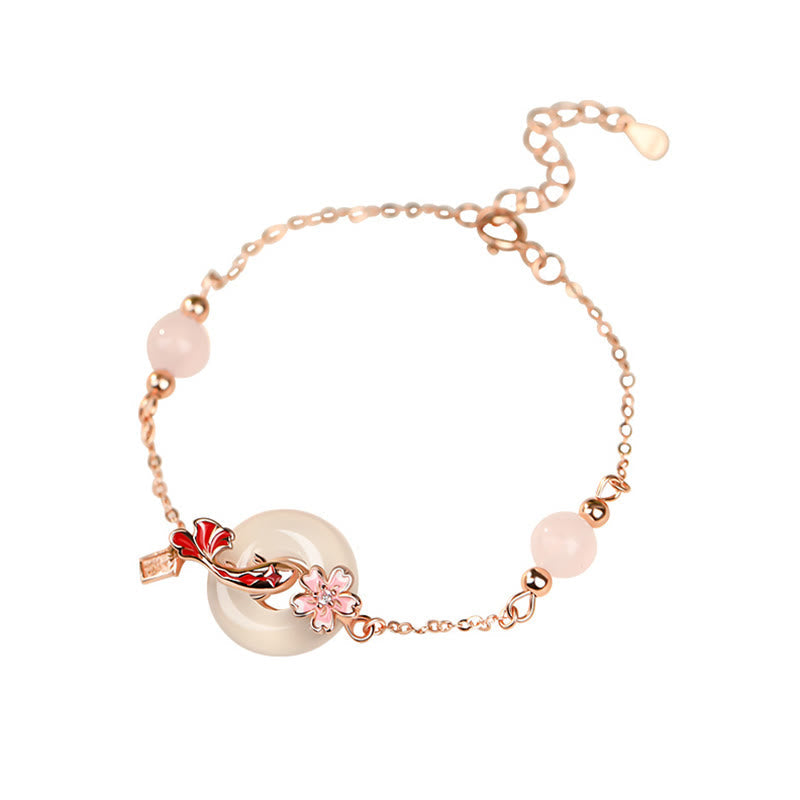 Fortune Jewel Chalcedony Pink Crystal 925 Sterling Silver Flowers Koi Fish Peace Buckle Positive Bracelet