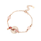 Fortune Jewel Chalcedony Pink Crystal 925 Sterling Silver Flowers Koi Fish Peace Buckle Positive Bracelet