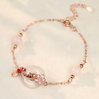 Fortune Jewel Chalcedony Pink Crystal 925 Sterling Silver Flowers Koi Fish Peace Buckle Positive Bracelet