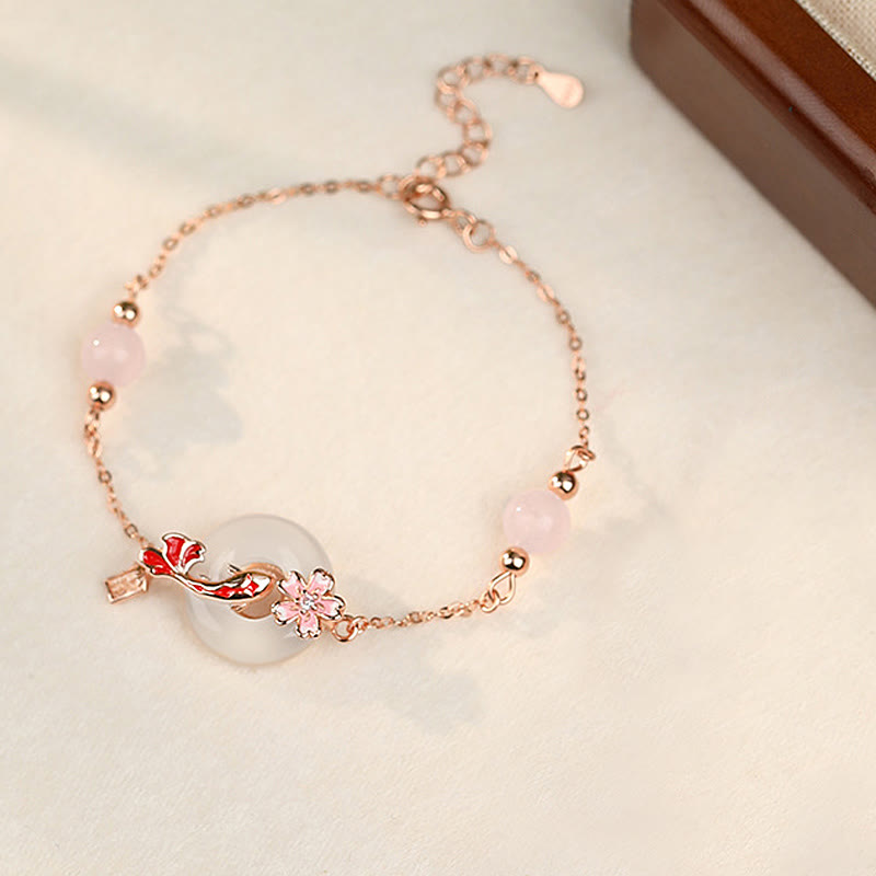 Fortune Jewel Chalcedony Pink Crystal 925 Sterling Silver Flowers Koi Fish Peace Buckle Positive Bracelet