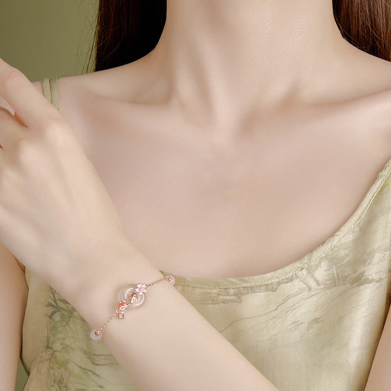 Fortune Jewel Chalcedony Pink Crystal 925 Sterling Silver Flowers Koi Fish Peace Buckle Positive Bracelet