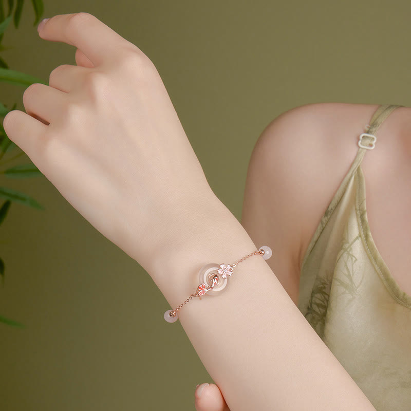 Fortune Jewel Chalcedony Pink Crystal 925 Sterling Silver Flowers Koi Fish Peace Buckle Positive Bracelet