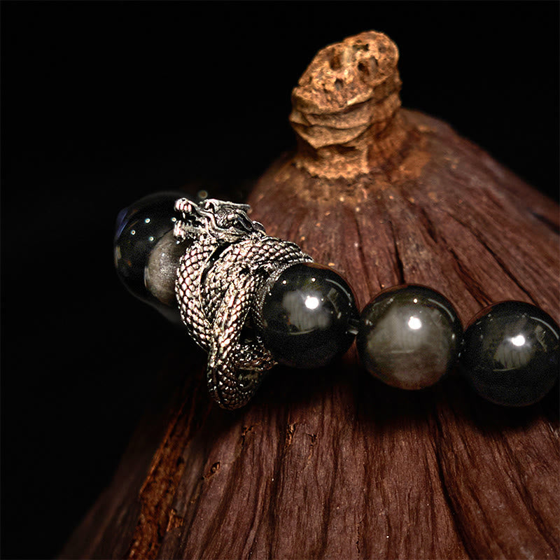 Fortune Jewel Silver Sheen Obsidian Dragon Protection Bracelet