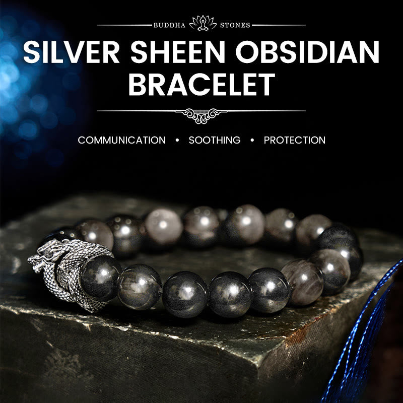 Fortune Jewel Silver Sheen Obsidian Dragon Protection Bracelet