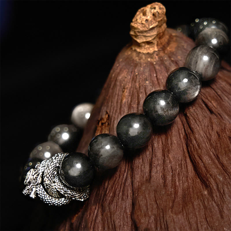 Fortune Jewel Silver Sheen Obsidian Dragon Protection Bracelet