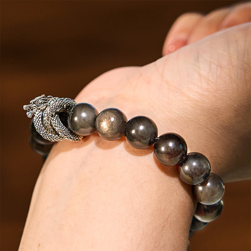 Fortune Jewel Silver Sheen Obsidian Dragon Protection Bracelet