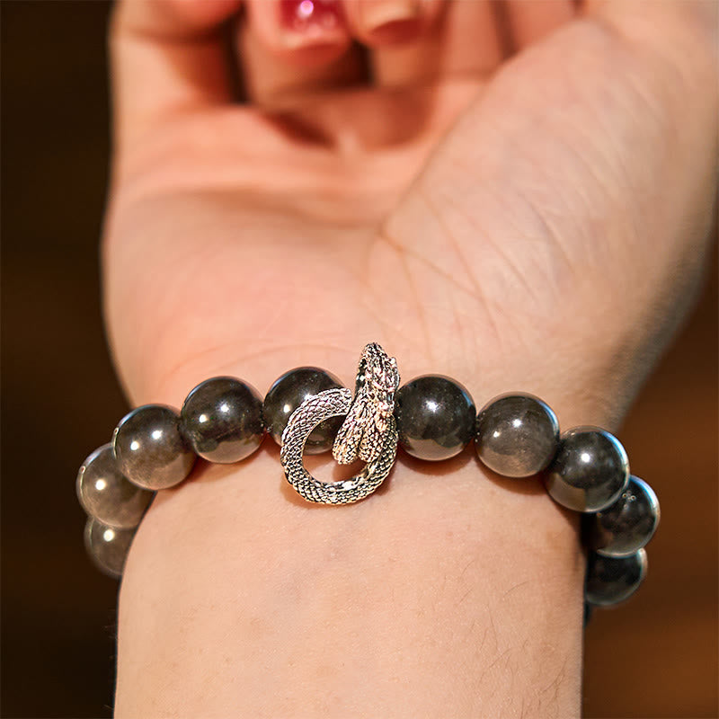 Fortune Jewel Silver Sheen Obsidian Dragon Protection Bracelet