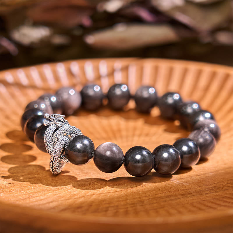 Fortune Jewel Silver Sheen Obsidian Dragon Protection Bracelet