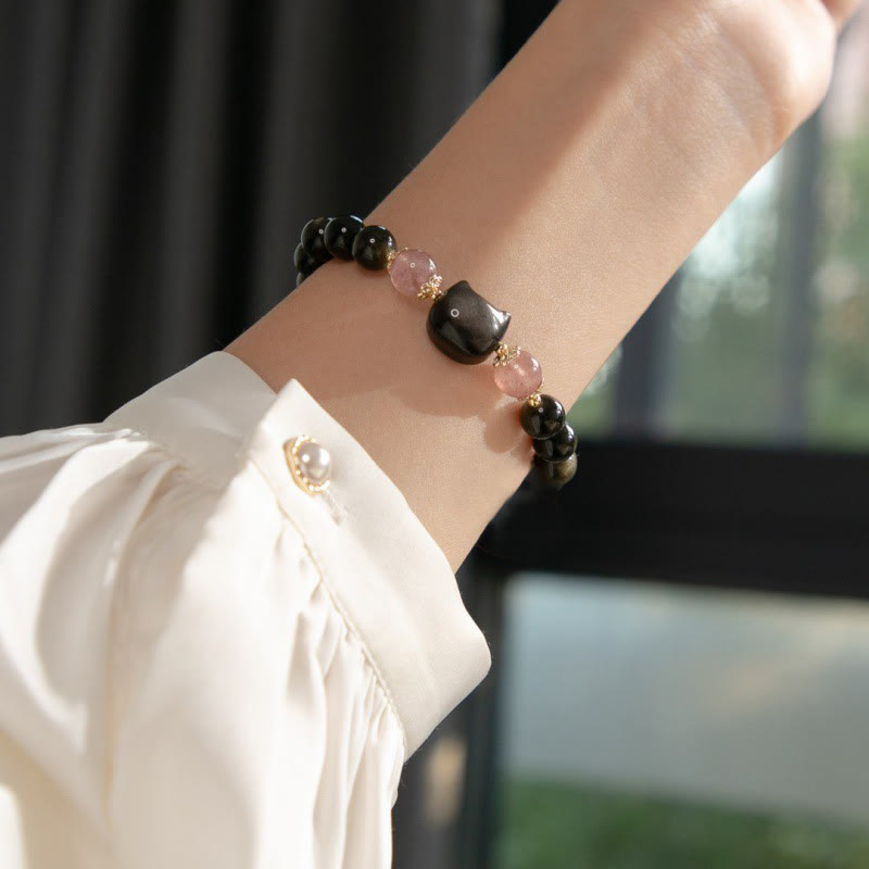 Fortune Jewel Black Obsidian Strawberry Quartz Beads Silver Sheen Obsidian Cat Head Strength  Bracelet