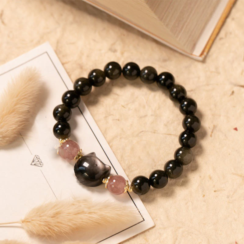 Fortune Jewel Black Obsidian Strawberry Quartz Beads Silver Sheen Obsidian Cat Head Strength  Bracelet