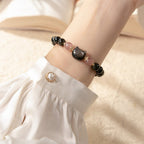 Fortune Jewel Black Obsidian Strawberry Quartz Beads Silver Sheen Obsidian Cat Head Strength  Bracelet