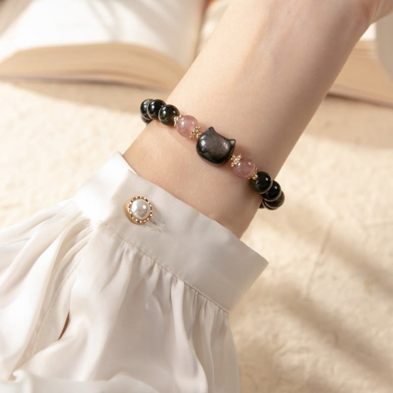 Fortune Jewel Black Obsidian Strawberry Quartz Beads Silver Sheen Obsidian Cat Head Strength  Bracelet