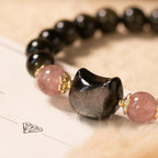 Fortune Jewel Black Obsidian Strawberry Quartz Beads Silver Sheen Obsidian Cat Head Strength  Bracelet
