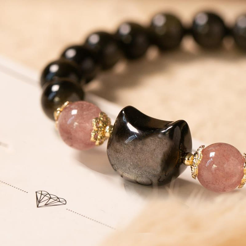 Fortune Jewel Black Obsidian Strawberry Quartz Beads Silver Sheen Obsidian Cat Head Strength  Bracelet