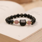 Fortune Jewel Black Obsidian Strawberry Quartz Beads Silver Sheen Obsidian Cat Head Strength  Bracelet