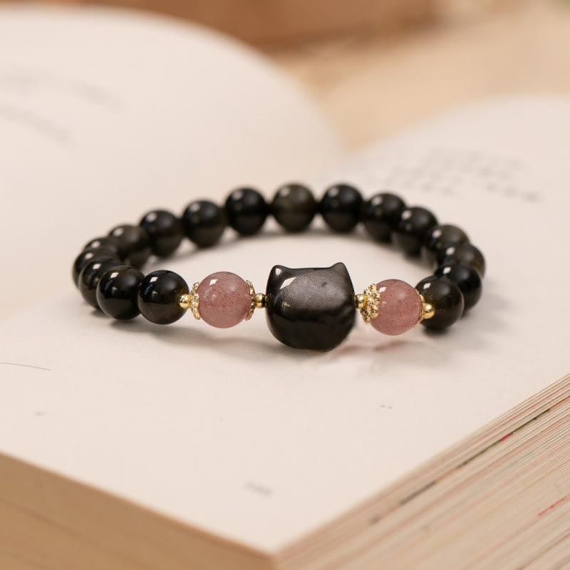 Fortune Jewel Black Obsidian Strawberry Quartz Beads Silver Sheen Obsidian Cat Head Strength  Bracelet