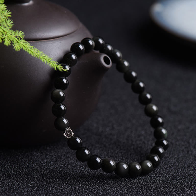Fortune Jewel Black Obsidian Bead 925 Sterling Silver Flower Design Purification Bracelet