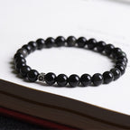 Fortune Jewel Black Obsidian Bead 925 Sterling Silver Flower Design Purification Bracelet