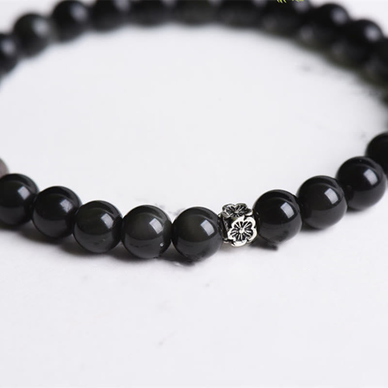 Fortune Jewel Black Obsidian Bead 925 Sterling Silver Flower Design Purification Bracelet
