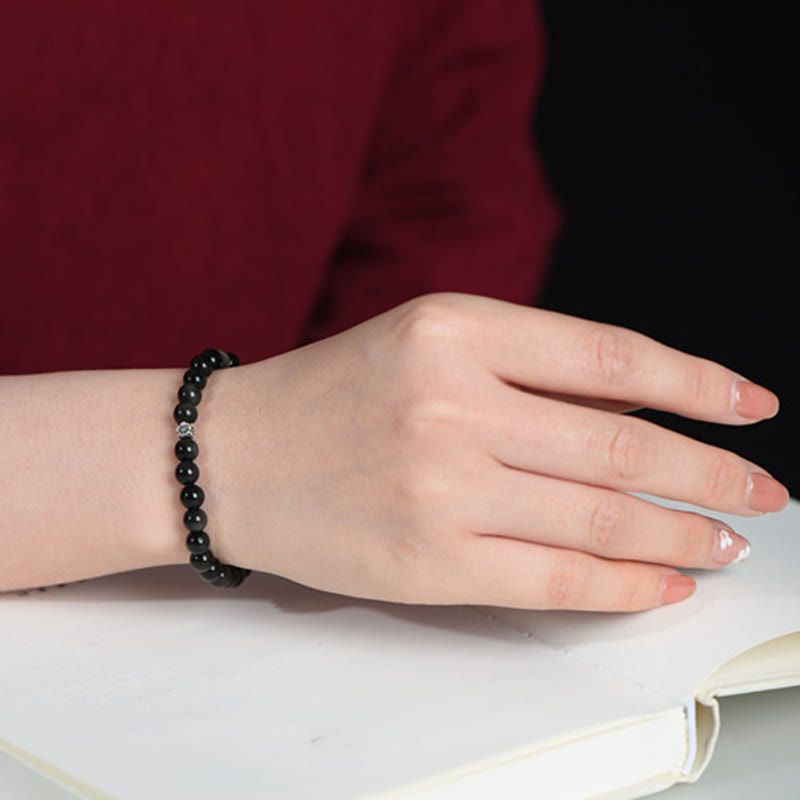 Fortune Jewel Black Obsidian Bead 925 Sterling Silver Flower Design Purification Bracelet