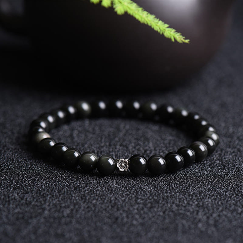 Fortune Jewel Black Obsidian Bead 925 Sterling Silver Flower Design Purification Bracelet