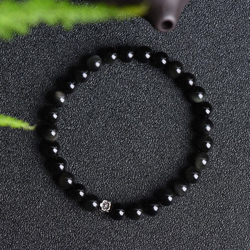 Fortune Jewel Black Obsidian Bead 925 Sterling Silver Flower Design Purification Bracelet