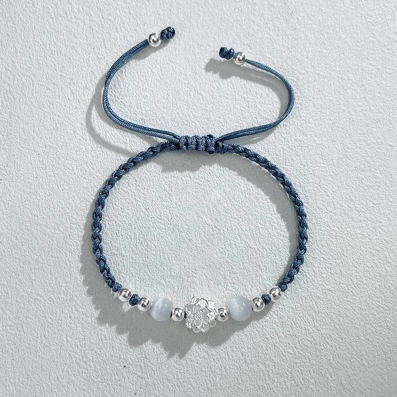 Fortune Jewel 999 Sterling Silver Lotus Design Cat's Eye Bead Protection String Bracelet