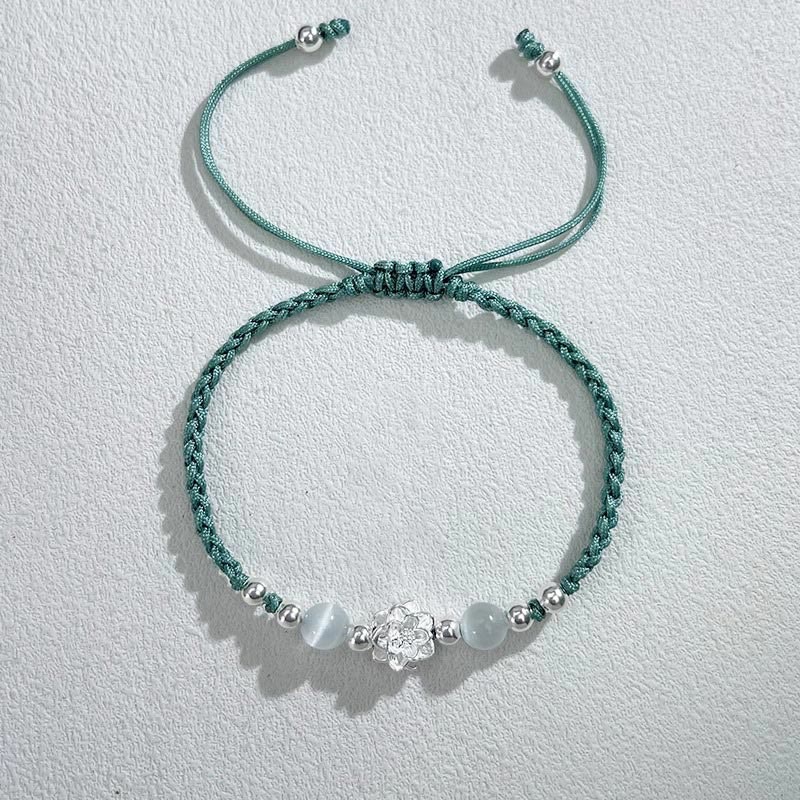 Fortune Jewel 999 Sterling Silver Lotus Design Cat's Eye Bead Protection String Bracelet