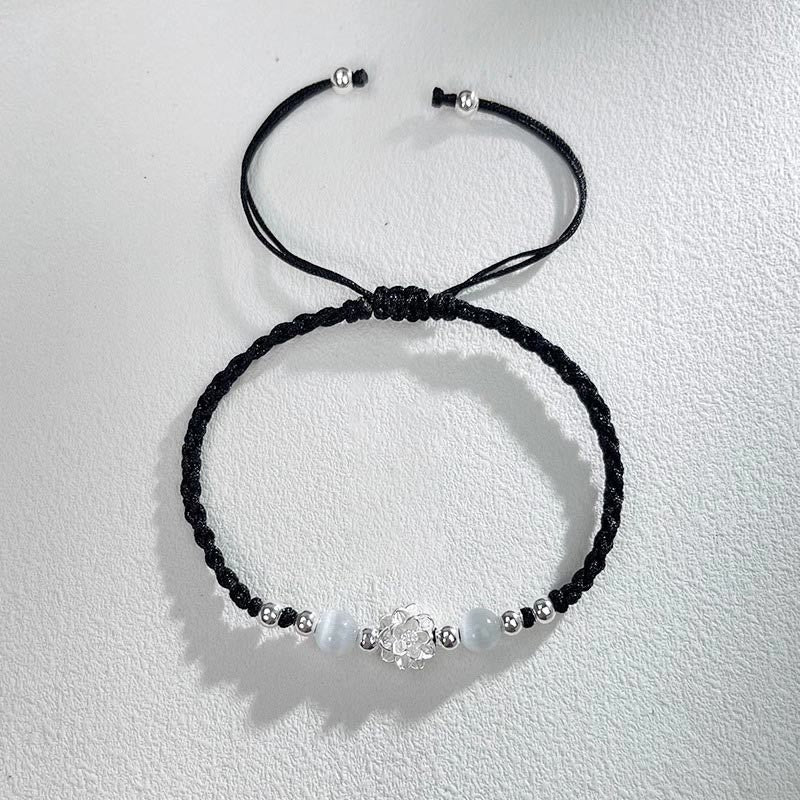 Fortune Jewel 999 Sterling Silver Lotus Design Cat's Eye Bead Protection String Bracelet