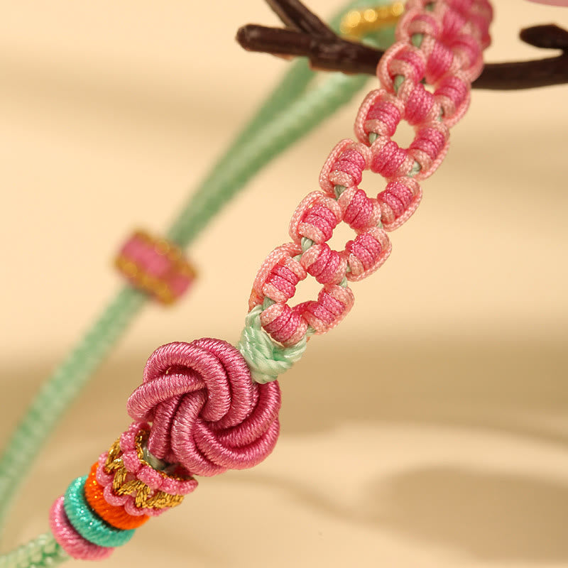 Fortune Jewel Handmade Pink Green Peach Blossom Knot Braided Bracelet