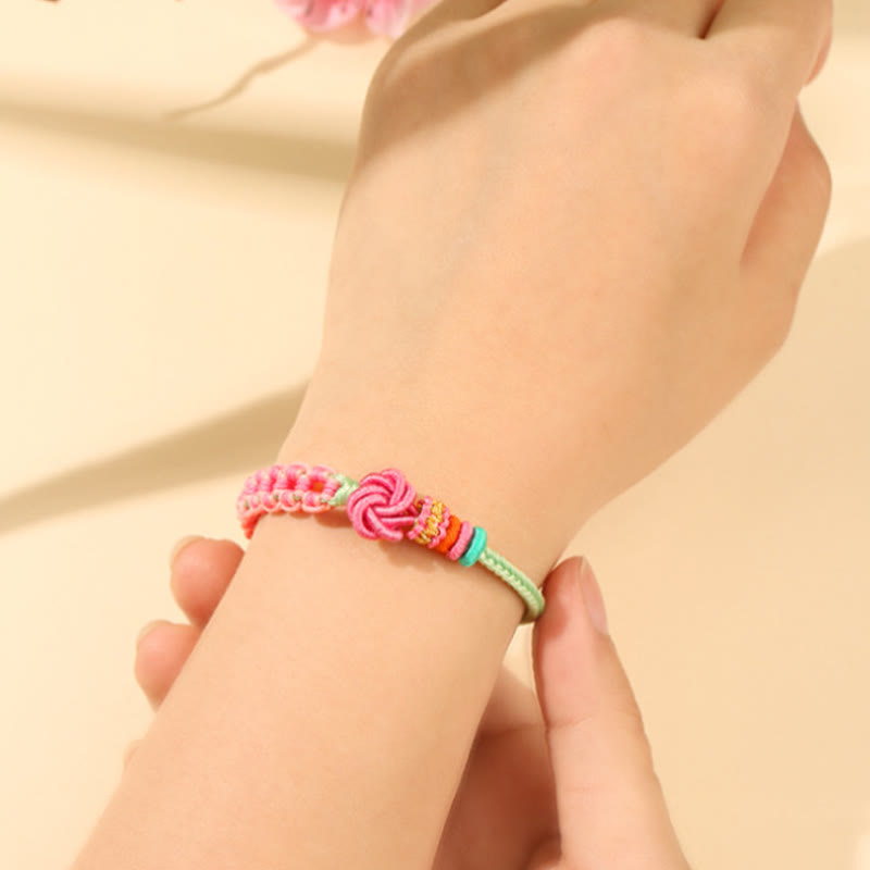 Fortune Jewel Handmade Pink Green Peach Blossom Knot Braided Bracelet