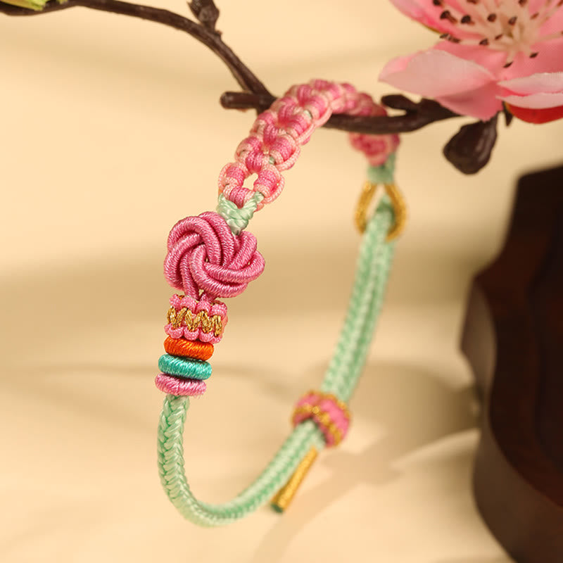 Fortune Jewel Handmade Pink Green Peach Blossom Knot Braided Bracelet