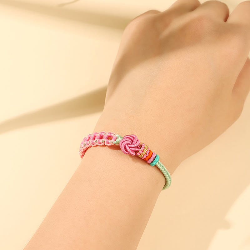 Fortune Jewel Handmade Pink Green Peach Blossom Knot Braided Bracelet