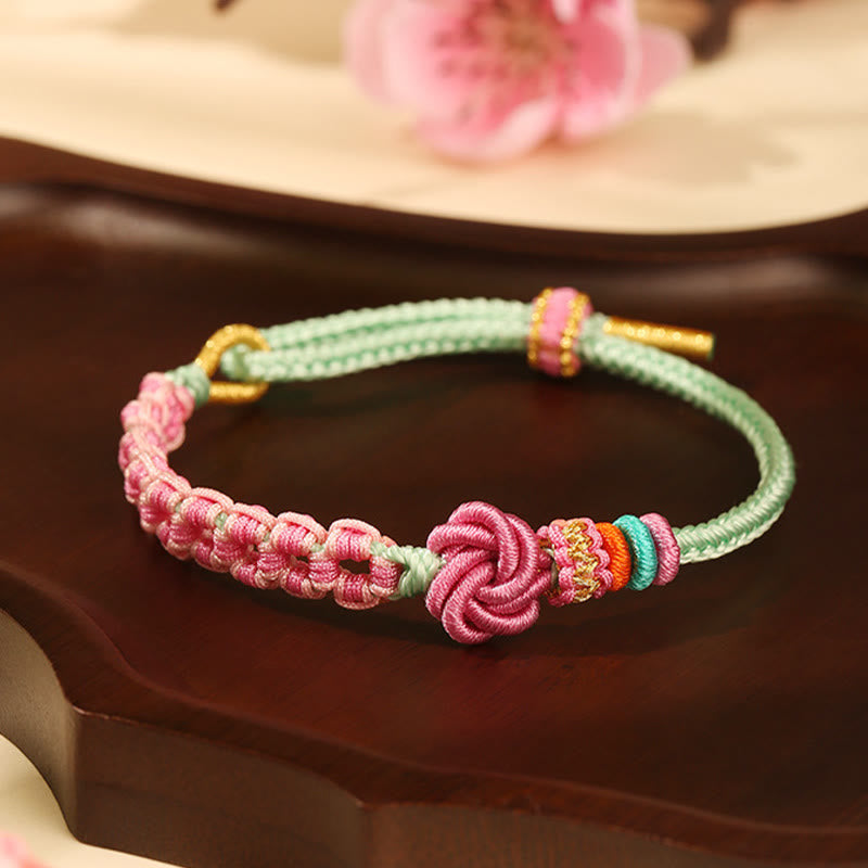 Fortune Jewel Handmade Pink Green Peach Blossom Knot Braided Bracelet