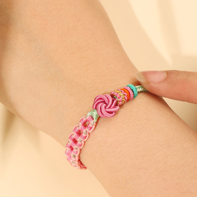 Fortune Jewel Handmade Pink Green Peach Blossom Knot Braided Bracelet