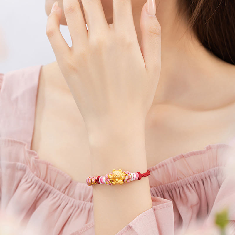 Fortune Jewel Handmade 999 Sterling Silver Fortune Cat Ingot Peach Blossom Luck Red Rope Bracelet