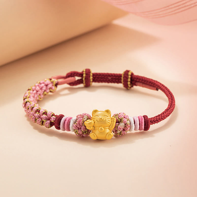 Fortune Jewel Handmade 999 Sterling Silver Fortune Cat Ingot Peach Blossom Luck Red Rope Bracelet