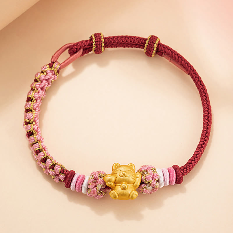Fortune Jewel Handmade 999 Sterling Silver Fortune Cat Ingot Peach Blossom Luck Red Rope Bracelet