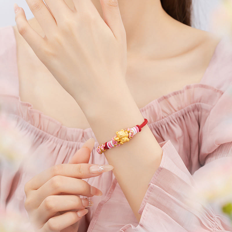 Fortune Jewel Handmade 999 Sterling Silver Fortune Cat Ingot Peach Blossom Luck Red Rope Bracelet