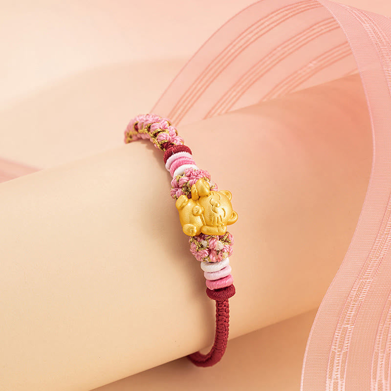 Fortune Jewel Handmade 999 Sterling Silver Fortune Cat Ingot Peach Blossom Luck Red Rope Bracelet