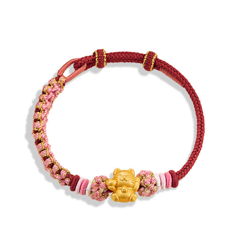 Fortune Jewel Handmade 999 Sterling Silver Fortune Cat Ingot Peach Blossom Luck Red Rope Bracelet