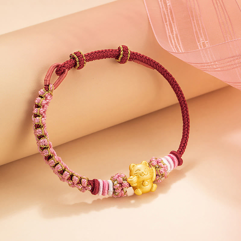 Fortune Jewel Handmade 999 Sterling Silver Fortune Cat Ingot Peach Blossom Luck Red Rope Bracelet