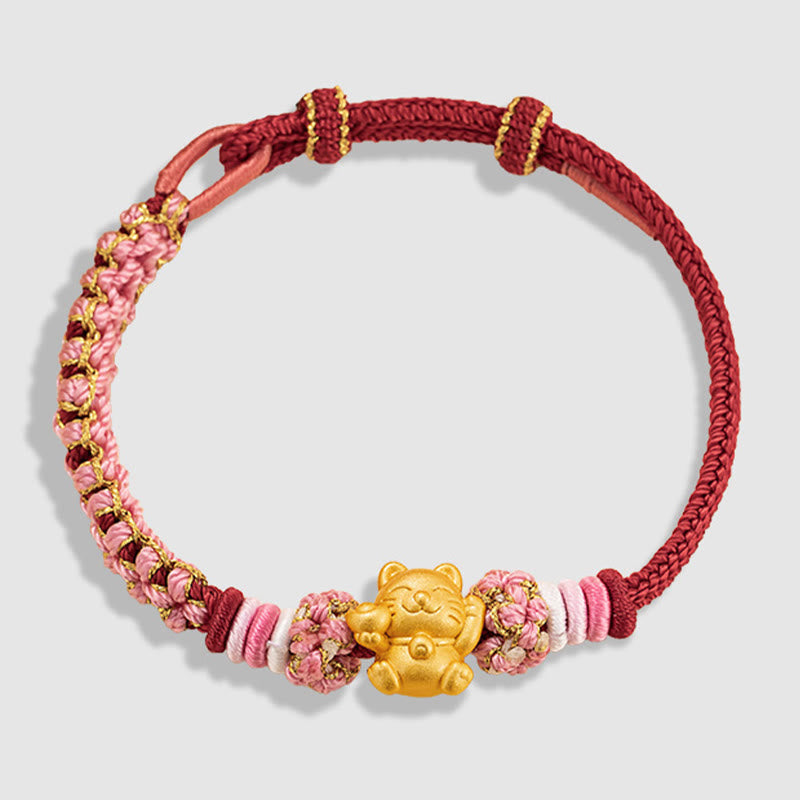 Fortune Jewel Handmade 999 Sterling Silver Fortune Cat Ingot Peach Blossom Luck Red Rope Bracelet
