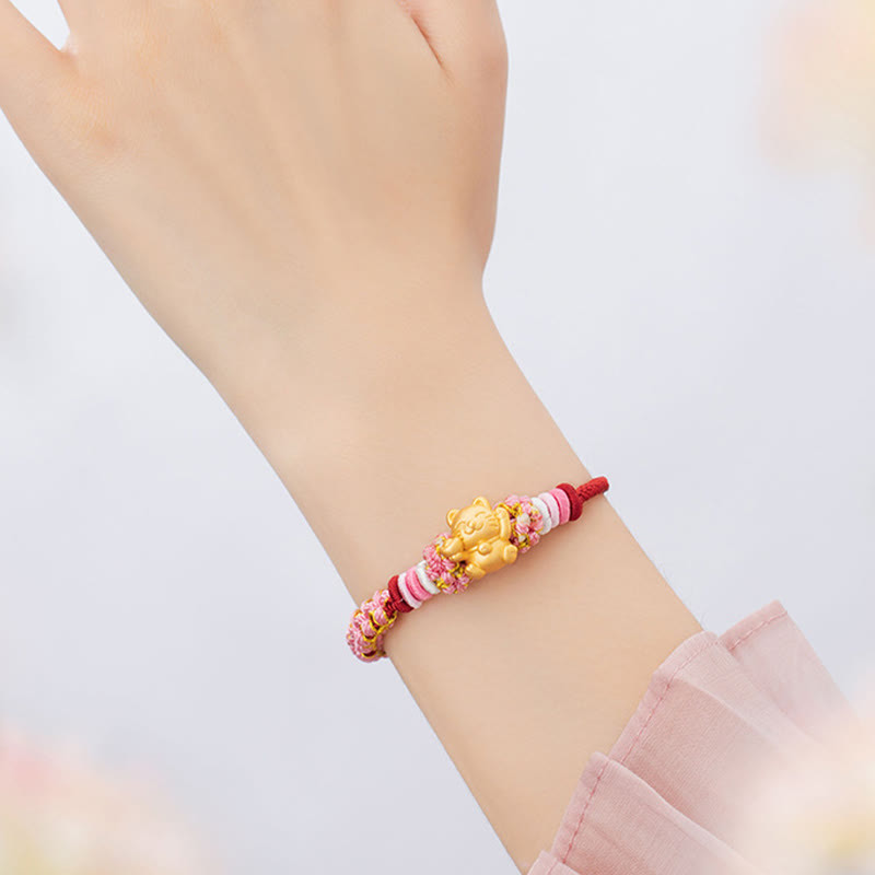 Fortune Jewel Handmade 999 Sterling Silver Fortune Cat Ingot Peach Blossom Luck Red Rope Bracelet