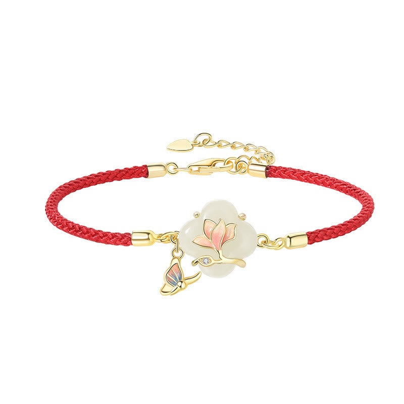 Fortune Jewel 925 Sterling Silver Hetian Jade Magnolia Flower Butterfly Luck Chain Bracelet
